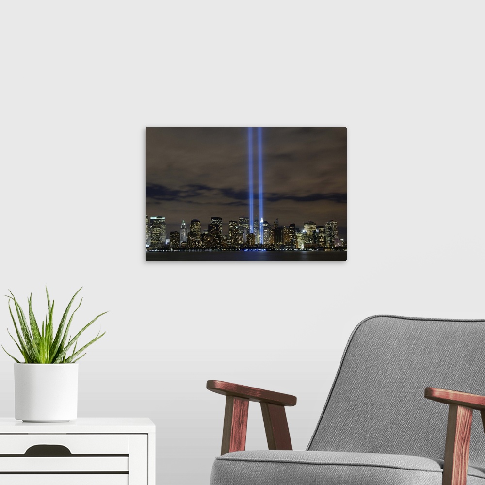 A modern room featuring The Tribute in Light memorial.
