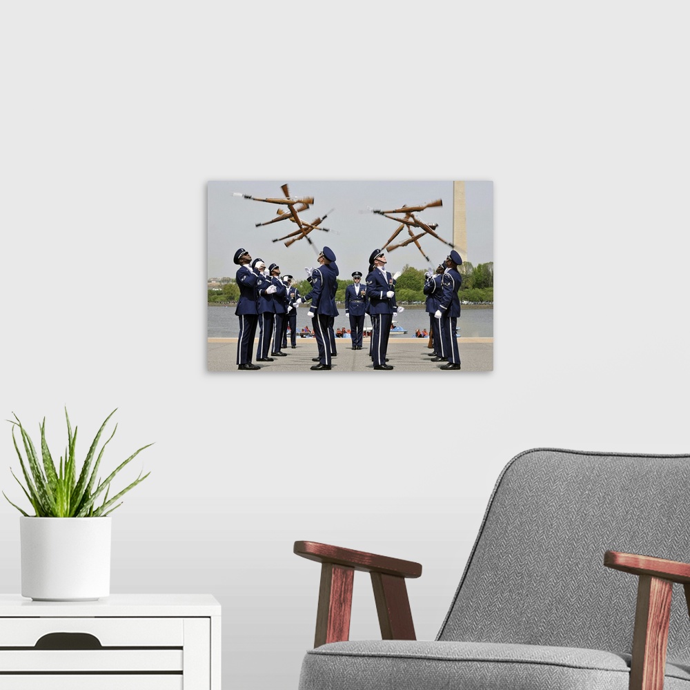 A modern room featuring April 14, 2012 - The United States Air Force Honor Guard Drill Team competes during the Joint Ser...