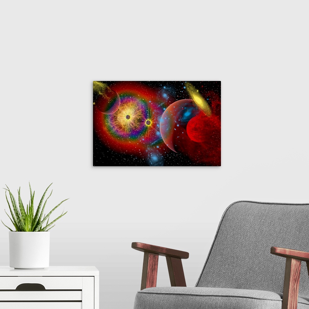 A modern room featuring Artist's concept illustrating the universe in a perpetual state of chaos, with colliding galaxies...