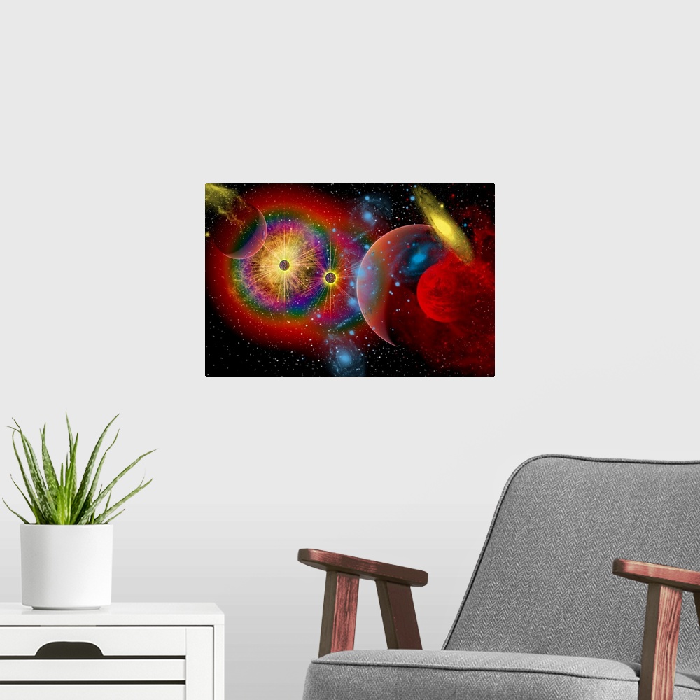 A modern room featuring Artist's concept illustrating the universe in a perpetual state of chaos, with colliding galaxies...