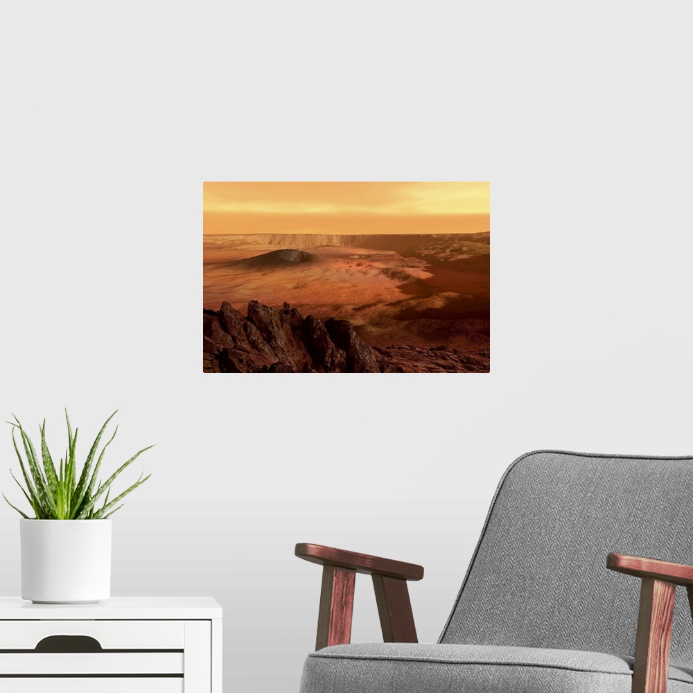 A modern room featuring The view from the rim of the caldera of Olympus Mons on Mars, the largest volcano in the solar sy...