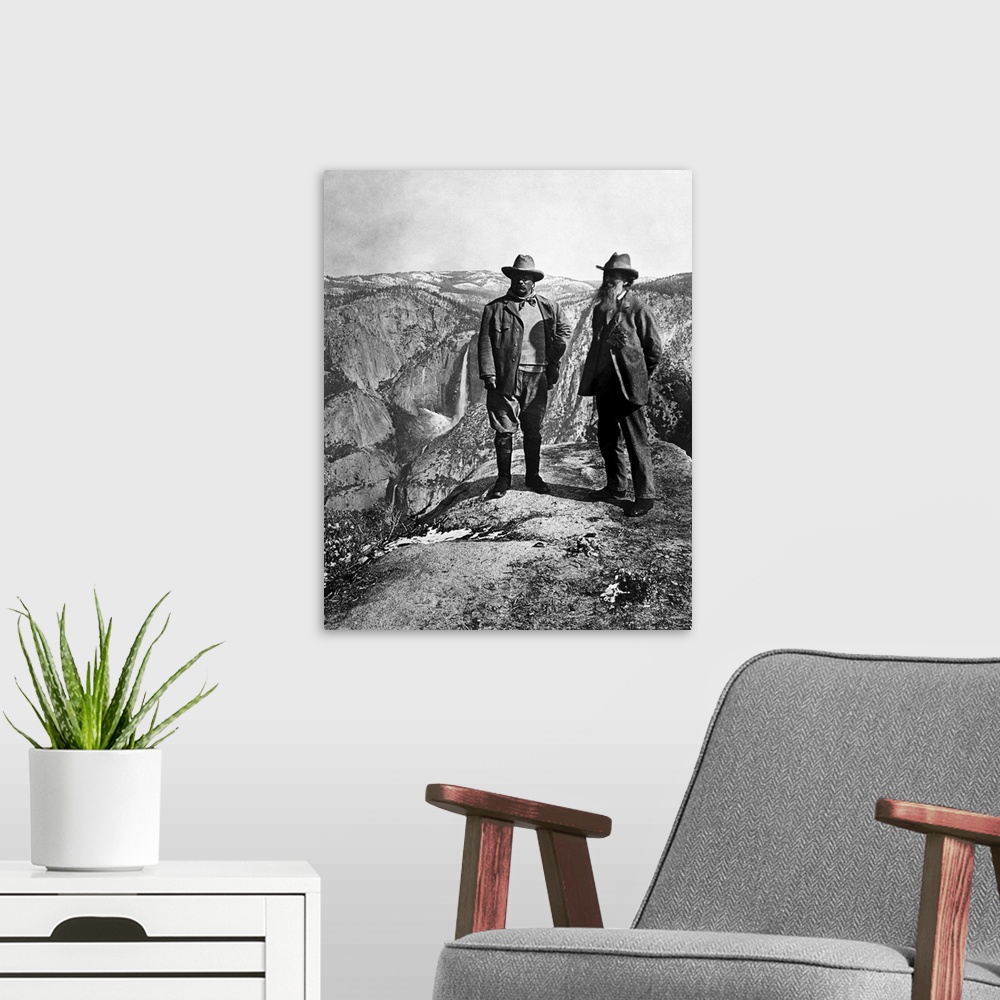 A modern room featuring President Theodore Roosevelt and John Muir while visiting Glacier Point at the Yosemite Valley in...
