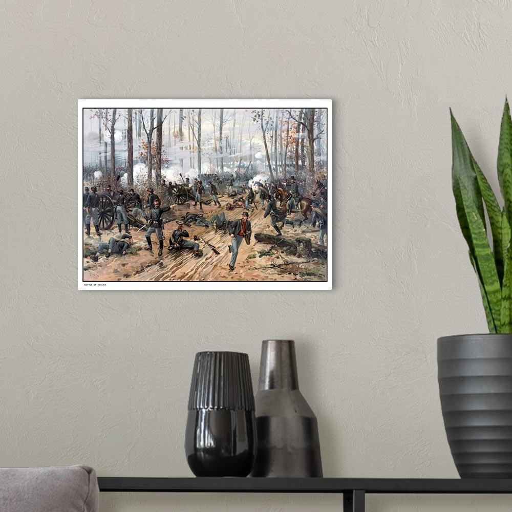 A modern room featuring This Civil War painting shows Union and Confederate troops at The Battle of Shiloh. Shiloh, also ...