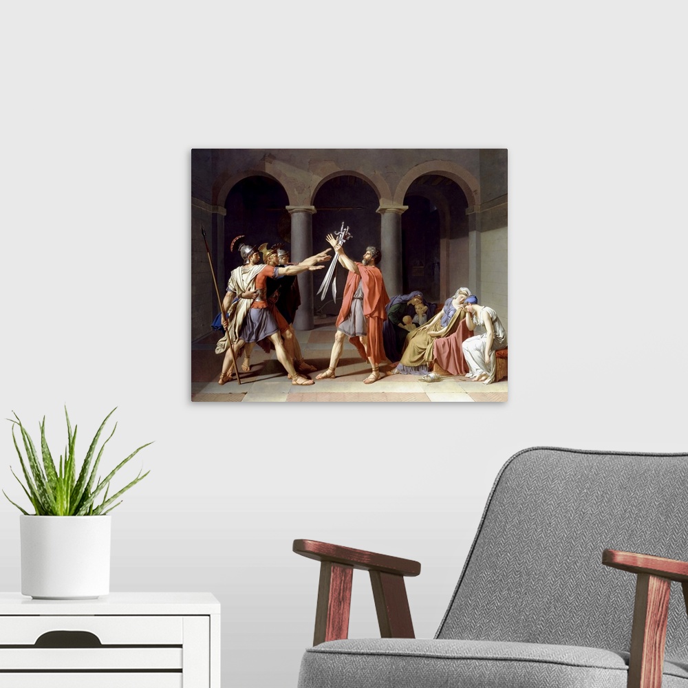 A modern room featuring Painting depicting the three ancient Roman Horatii brothers saluting their father as he holds the...