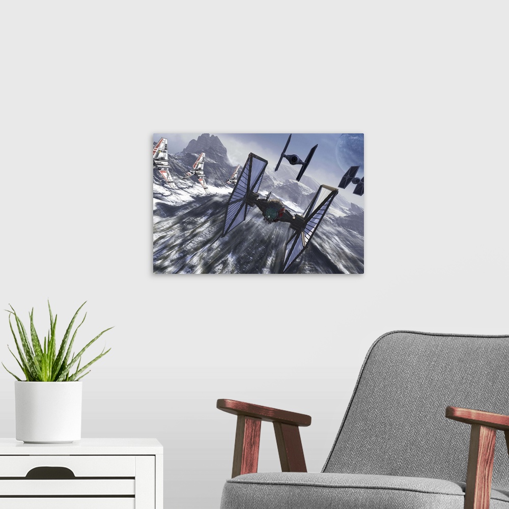 A modern room featuring A group of Empire ships scouting a snowy landscape.