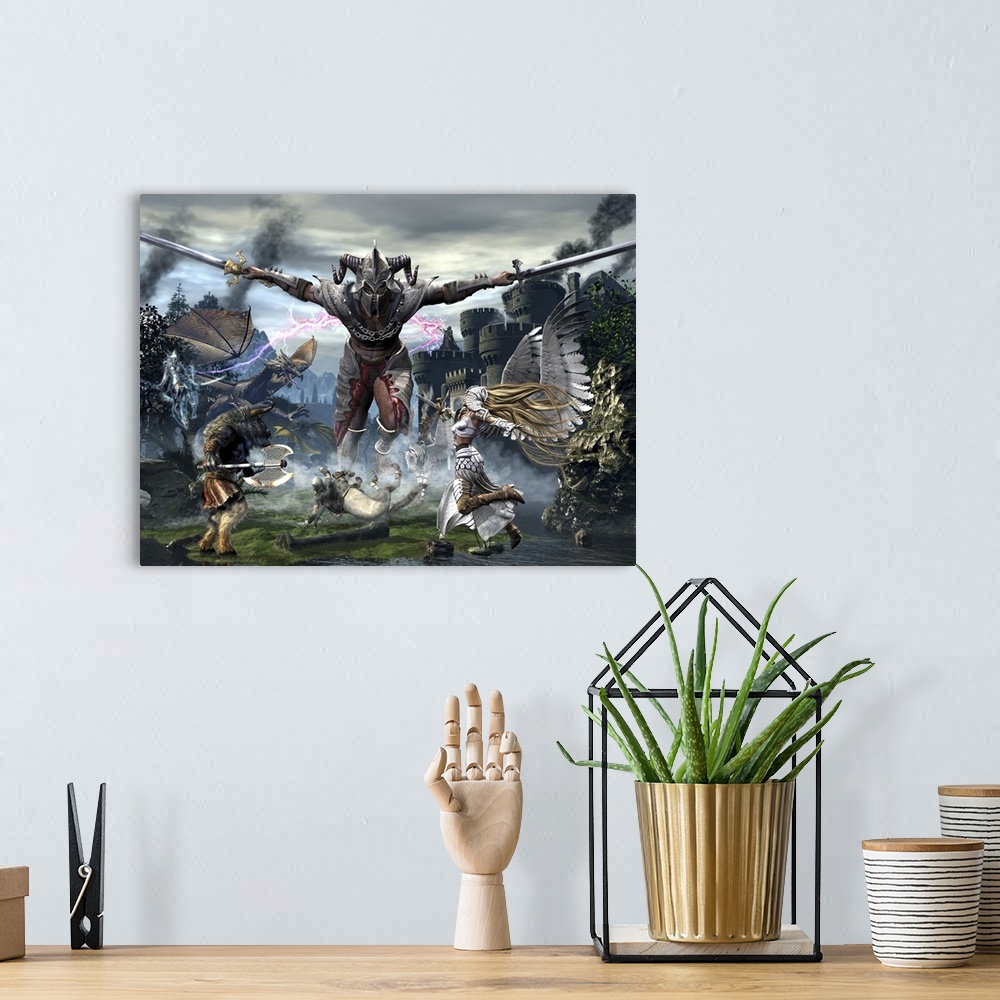 A bohemian room featuring Titan trying to defeat a legion of magical and powerful creatures.