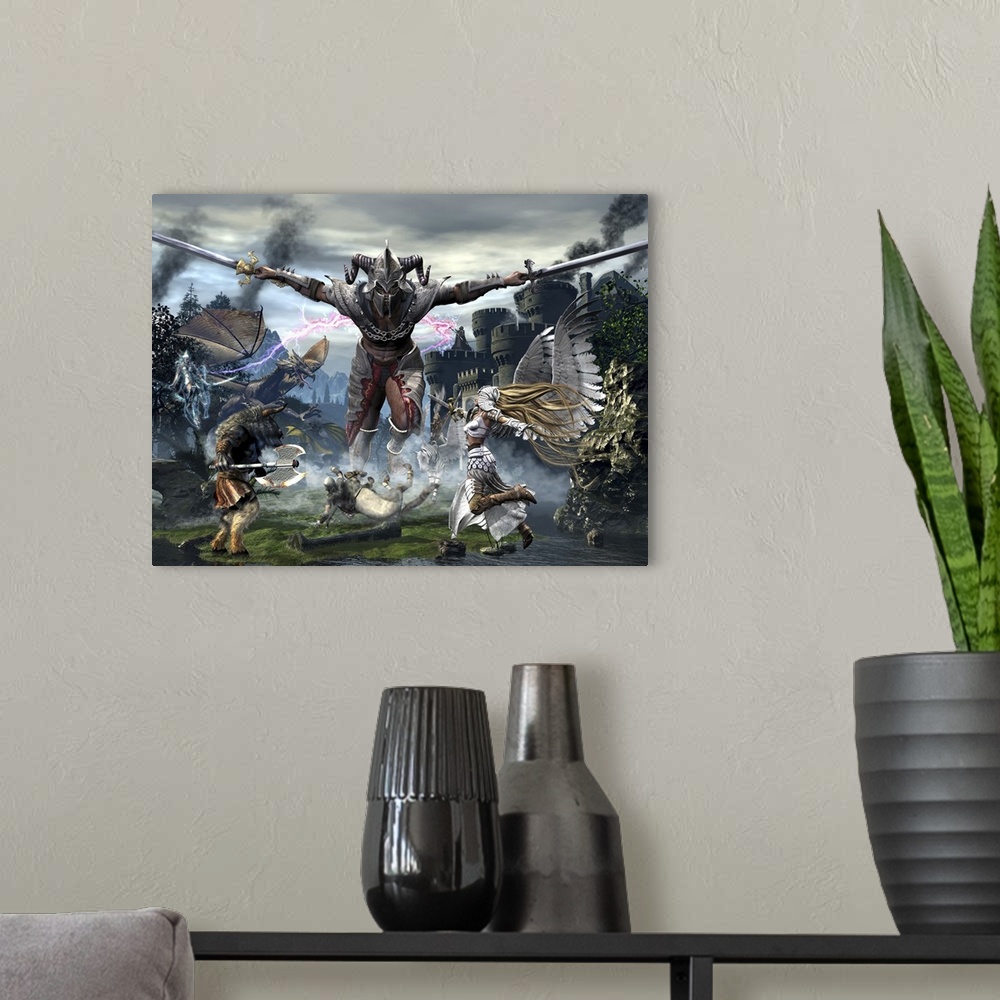 A modern room featuring Titan trying to defeat a legion of magical and powerful creatures.