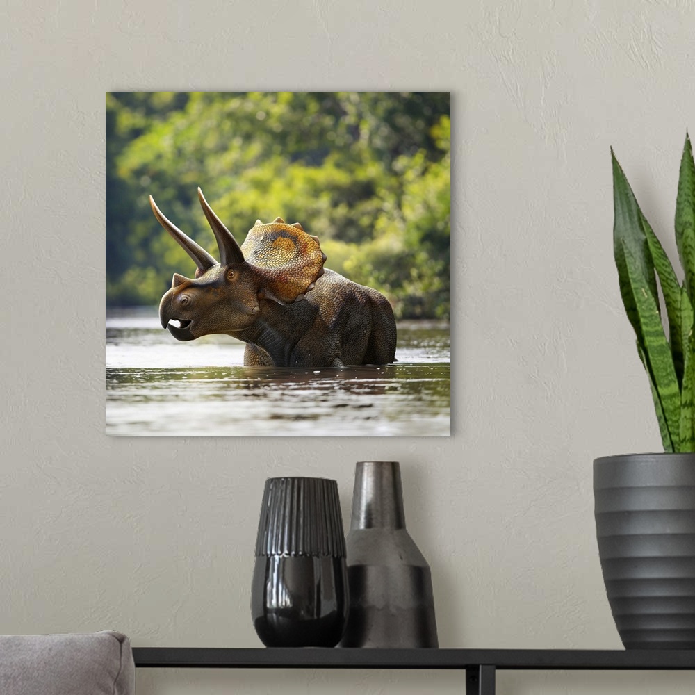 A modern room featuring Triceratops dinosaur in lake.