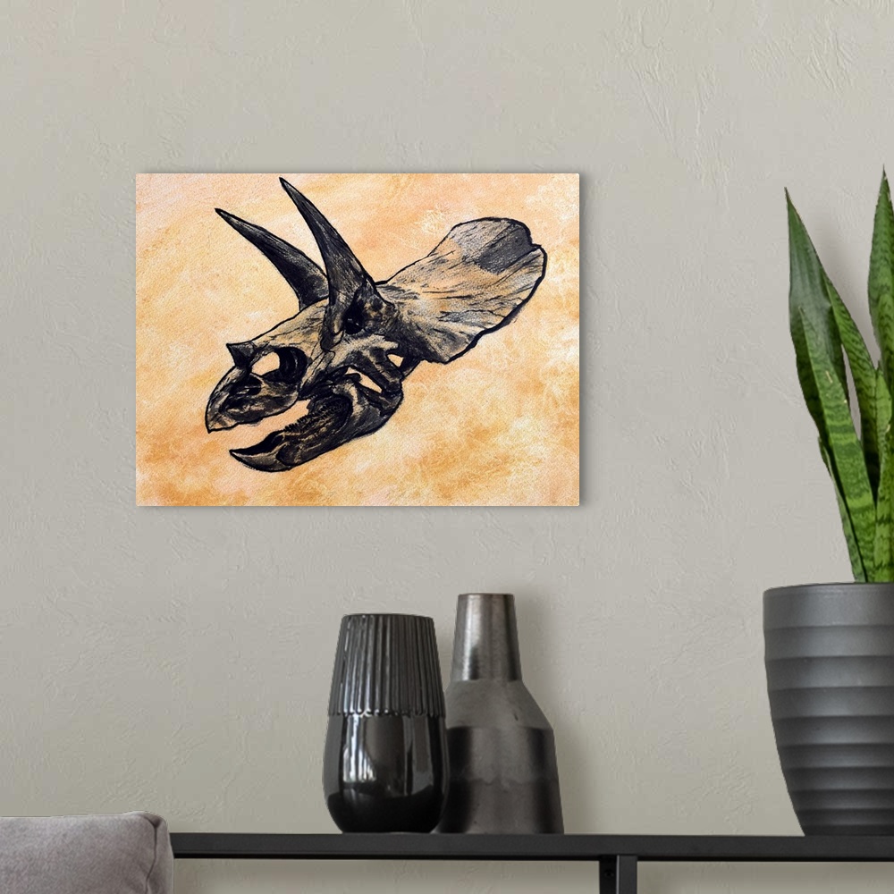 A modern room featuring Triceratops dinosaur skull on textured background.