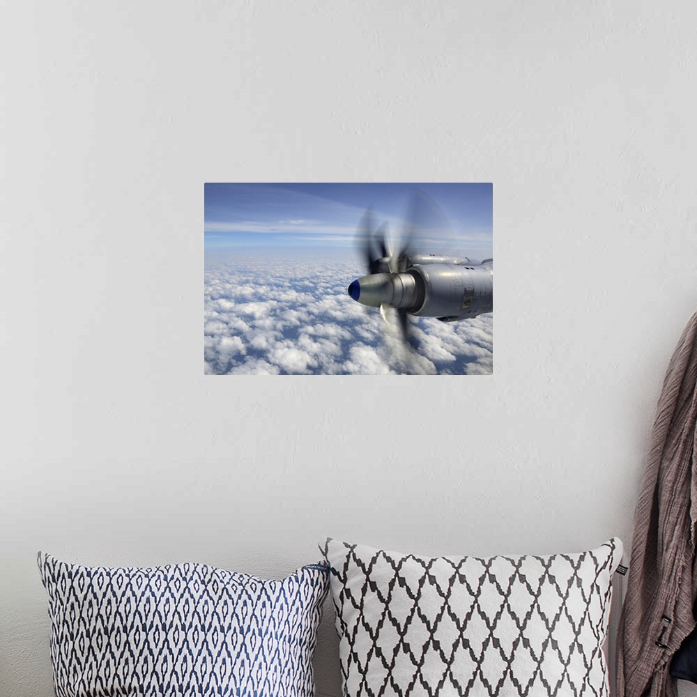 A bohemian room featuring Tu-142MZ anti-submarine airplane of the Russian Navy flying over Saint Petersburg region, Russia.