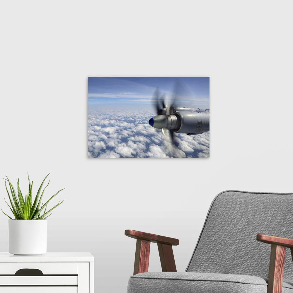 A modern room featuring Tu-142MZ anti-submarine airplane of the Russian Navy flying over Saint Petersburg region, Russia.