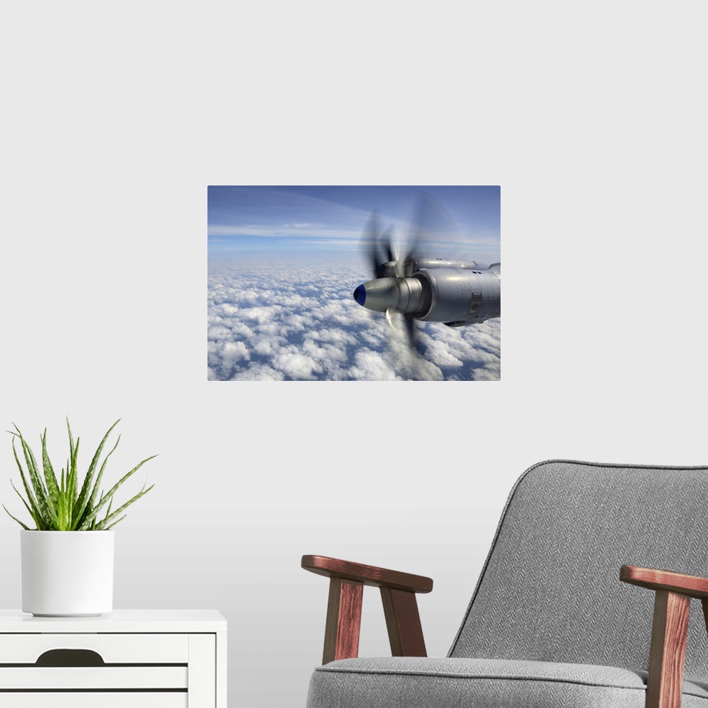 A modern room featuring Tu-142MZ anti-submarine airplane of the Russian Navy flying over Saint Petersburg region, Russia.