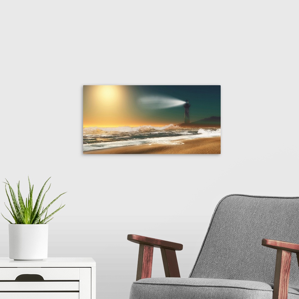 A modern room featuring Twilight overtakes a seashore as a nearby lighthouse lights up the sky.