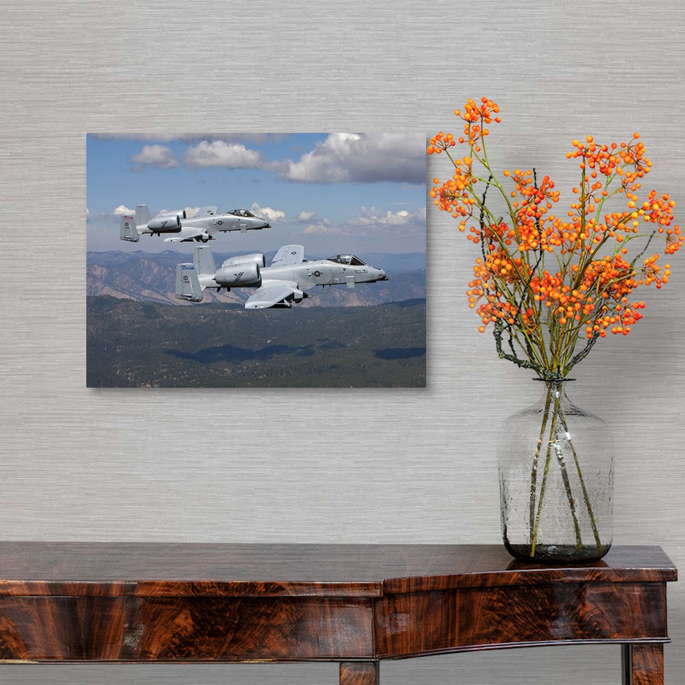 A traditional room featuring Two A-10 Thunderbolt's from the 124th Fighter Wing's 190th Fighter Squadron fly over the mountain...