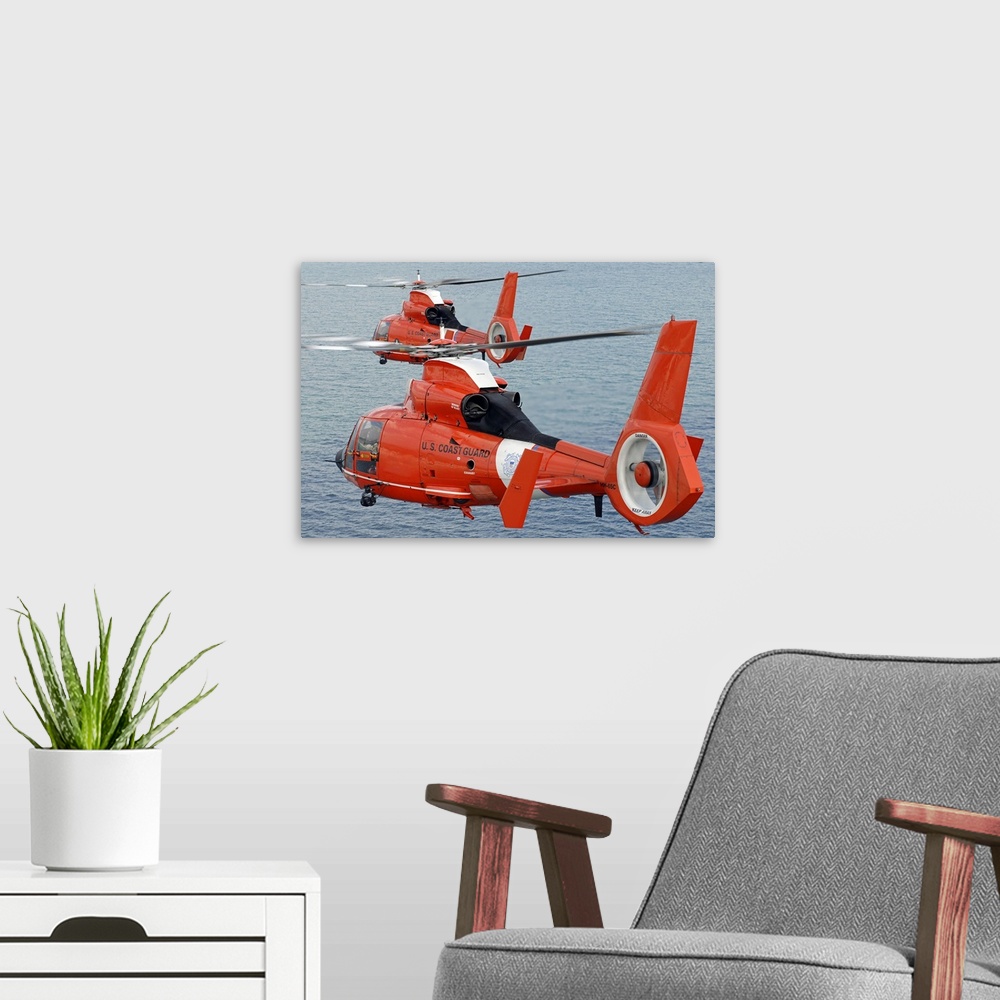 A modern room featuring Two Coast Guard HH-65C Dolphin helicopters from Air Station Miami fly in formation over the Atlan...