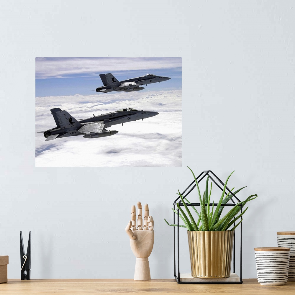 A bohemian room featuring Two F/A18C Hornets fly over the Pacific Missile Range Facility