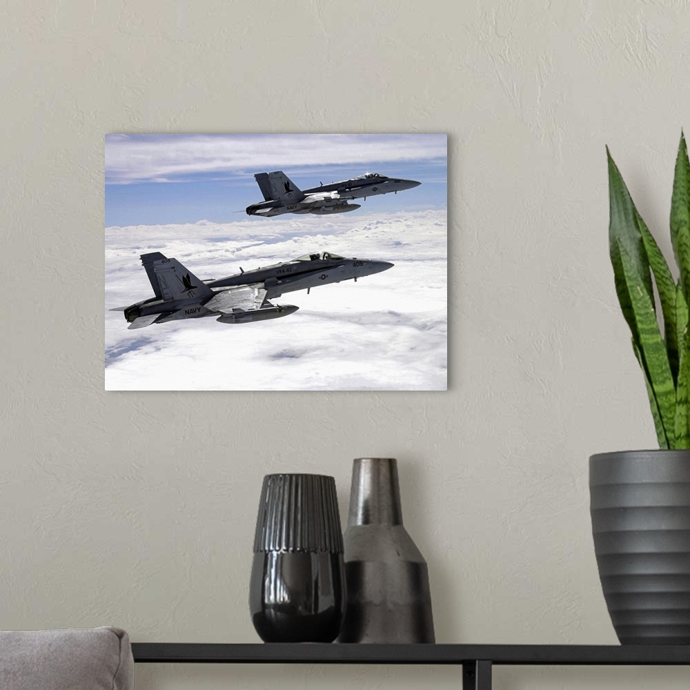 A modern room featuring Two F/A18C Hornets fly over the Pacific Missile Range Facility