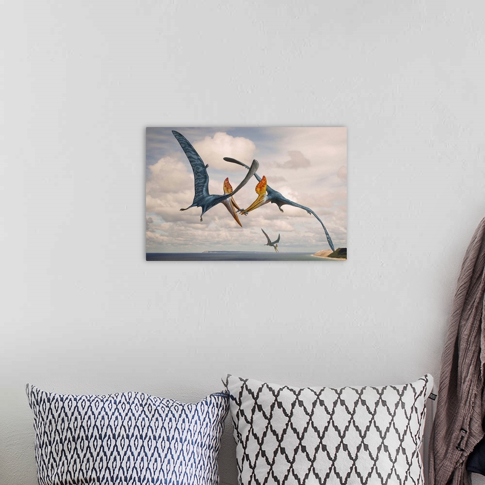 A bohemian room featuring Two Geosternbergia pterosaurs fighting over small fish.