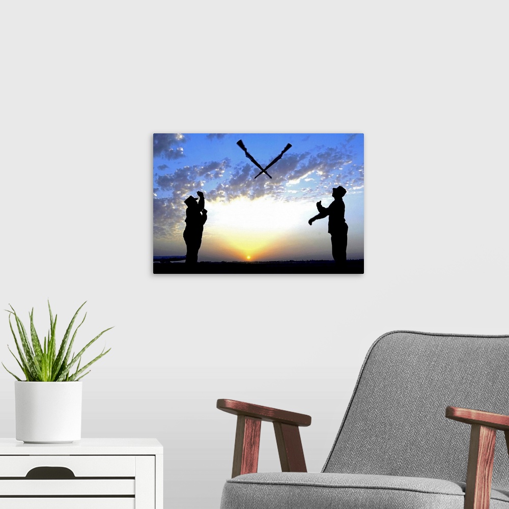 A modern room featuring Photograph of two silhouetted soldiers tossing rifles with sunset in distance under a cloudy sky.