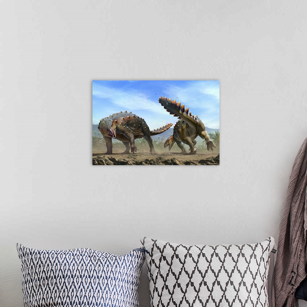 A bohemian room featuring Two Stegouros elengassen dinosaurs fighting.