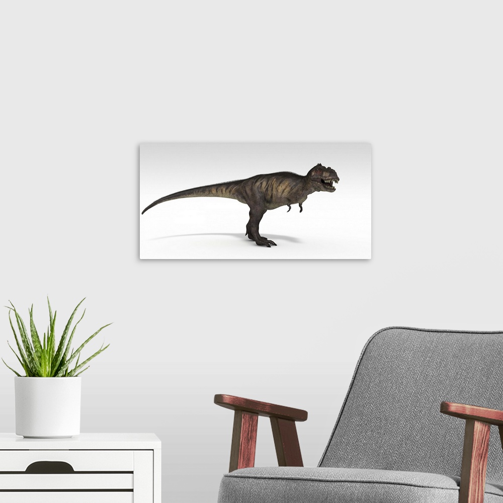 A modern room featuring Tyrannosaurus Rex, white background.