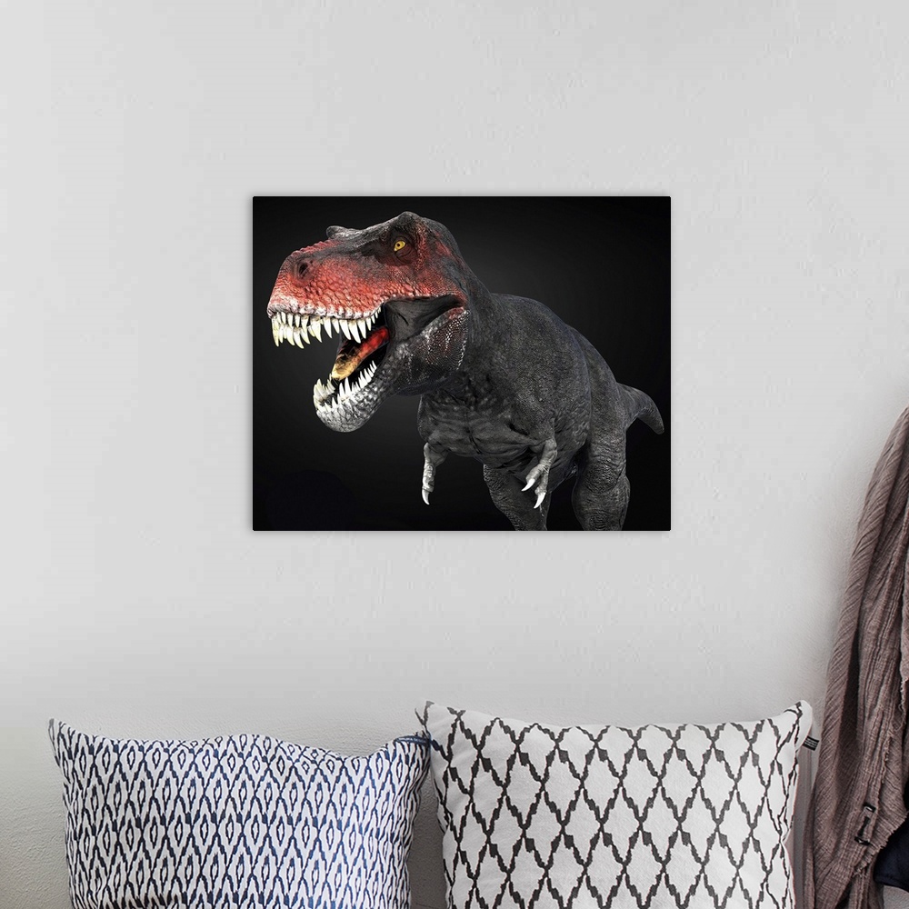 A bohemian room featuring Tyrannosaurus rex dinosaur, close-up.