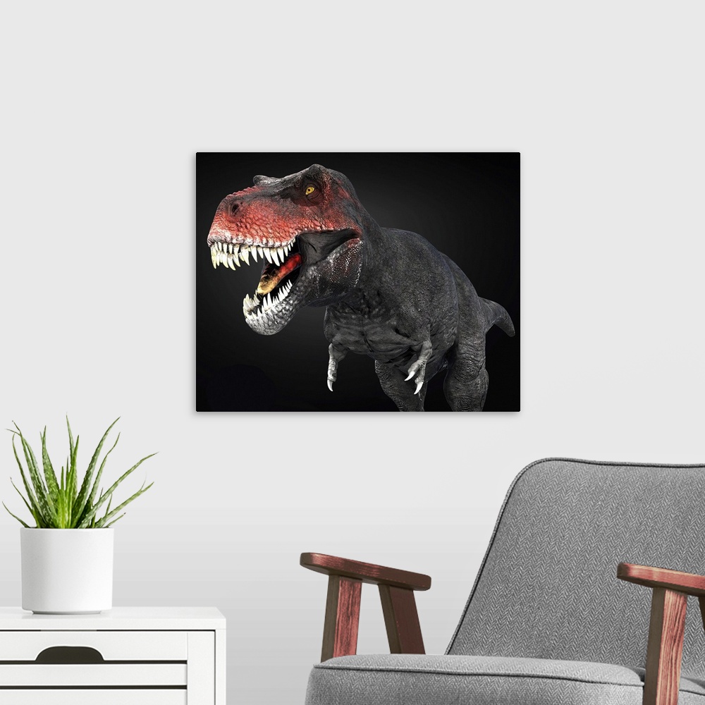 A modern room featuring Tyrannosaurus rex dinosaur, close-up.