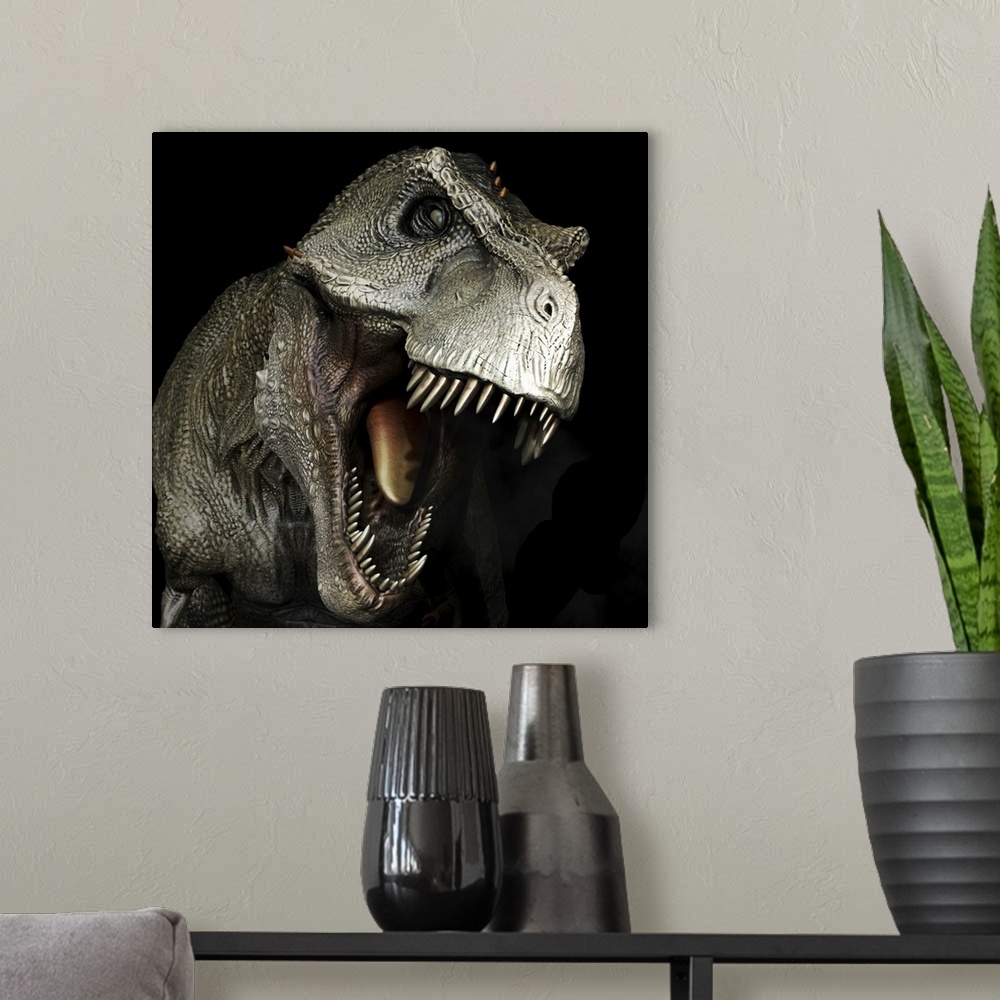 A modern room featuring Tyrannosaurus rex dinosaur head, front view.