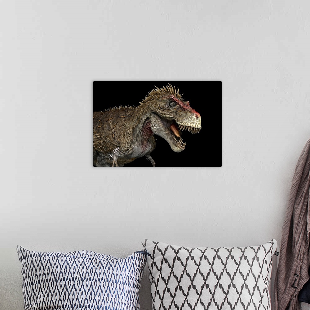 A bohemian room featuring Tyrannosaurus rex dinosaur, profile view.