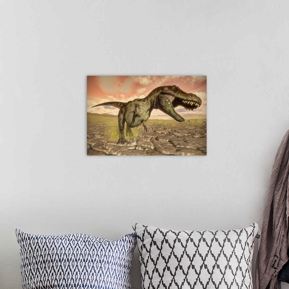A bohemian room featuring Tyrannosaurus rex roaring.