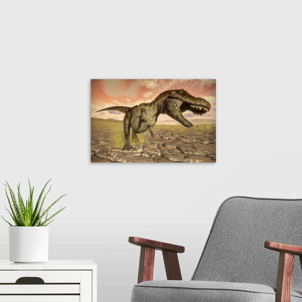 A modern room featuring Tyrannosaurus rex roaring.