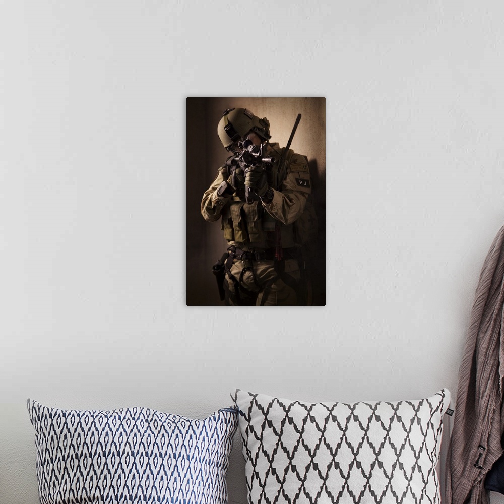 A bohemian room featuring U.S. Air Force CSAR parajumper armed with an automatic rifle.