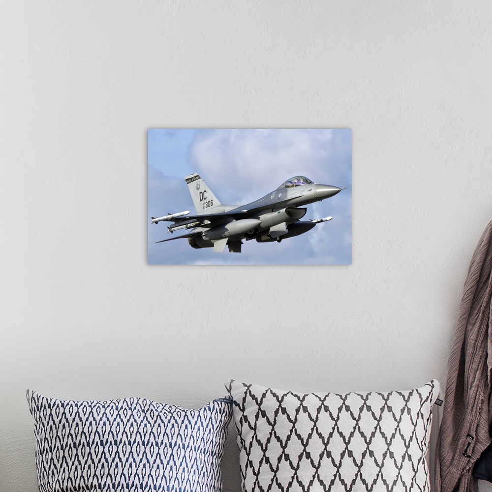 A bohemian room featuring U.S. Air Force F-16 Fighting Falcon flying over Brazil.