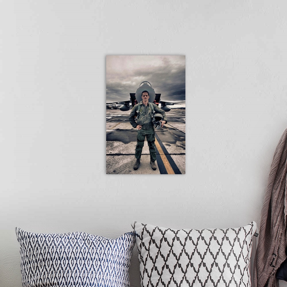 A bohemian room featuring High Dynamic Range image of a U.S. Air Force pilot standing in front of a McDonnell Douglas F-15C...