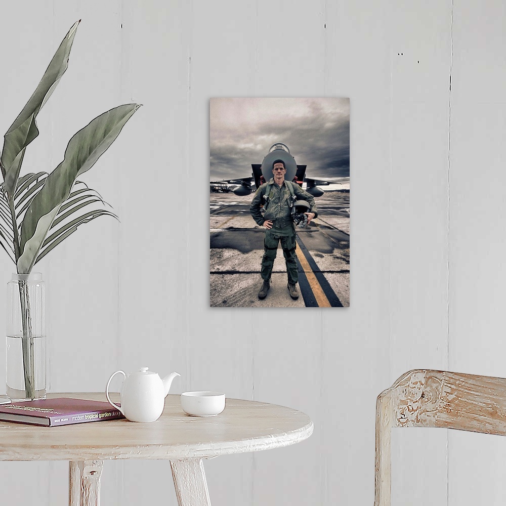 A farmhouse room featuring High Dynamic Range image of a U.S. Air Force pilot standing in front of a McDonnell Douglas F-15C...