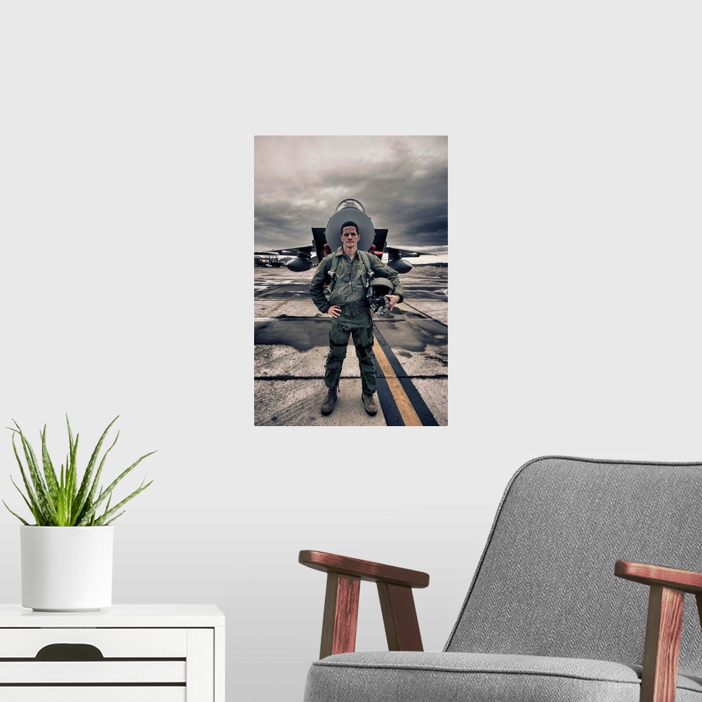 A modern room featuring High Dynamic Range image of a U.S. Air Force pilot standing in front of a McDonnell Douglas F-15C...