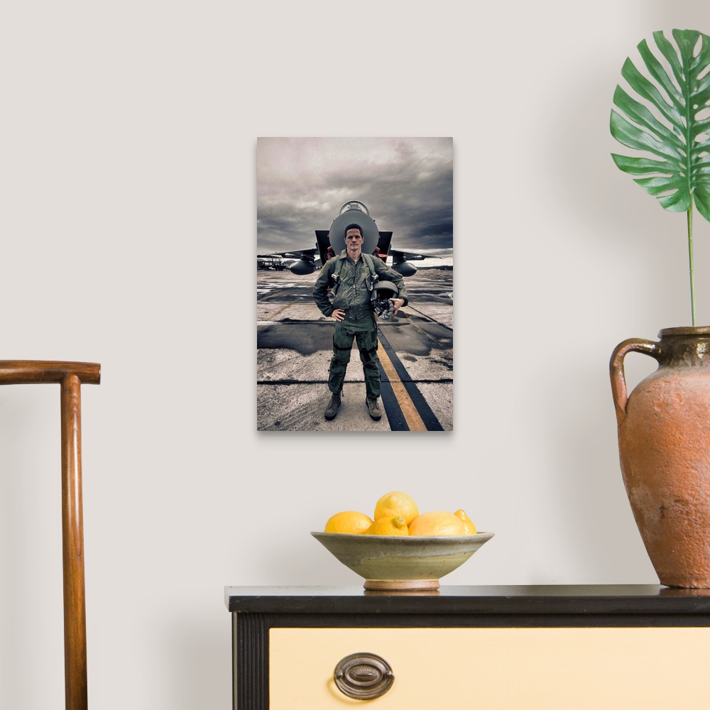 A traditional room featuring High Dynamic Range image of a U.S. Air Force pilot standing in front of a McDonnell Douglas F-15C...