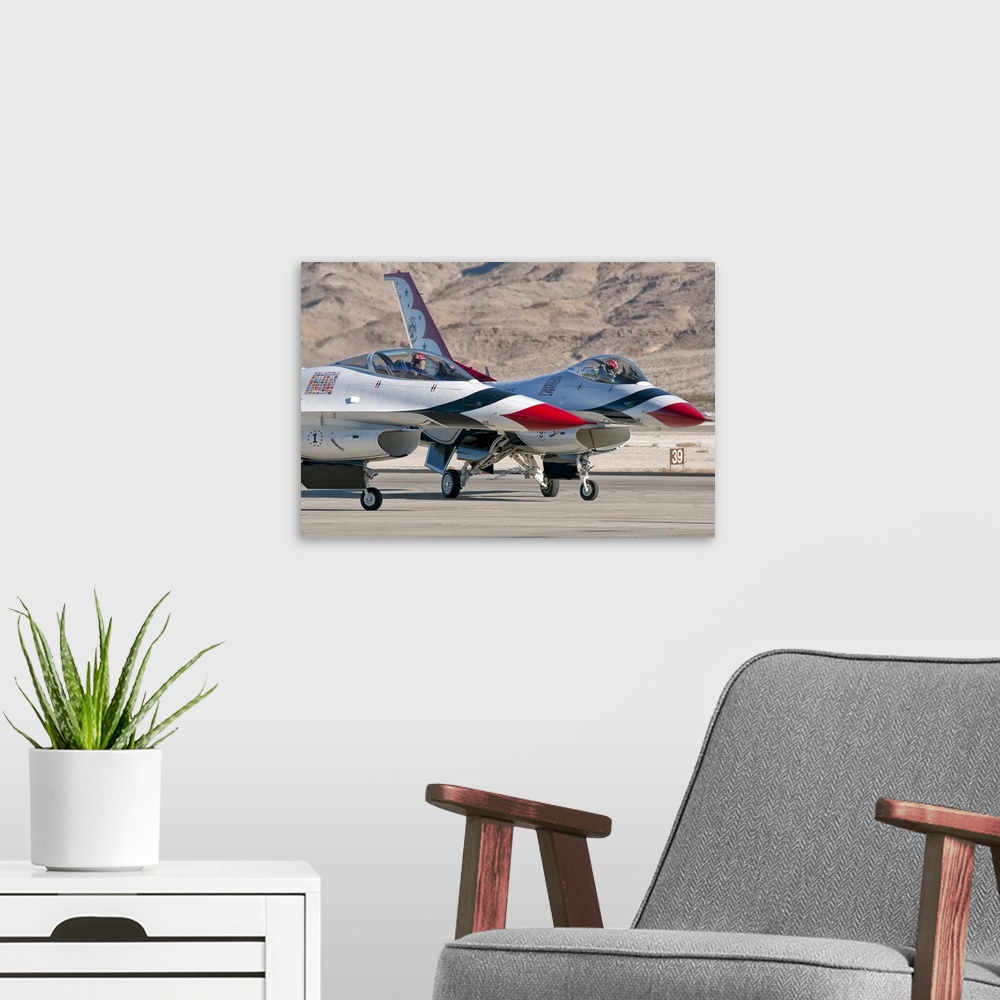 A modern room featuring U.S. Air Force Thunderbirds on the ramp at Nellis Air Force Base, Nevada.