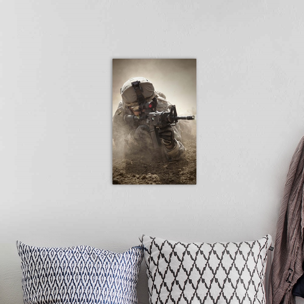 A bohemian room featuring U.S. Army Ranger in Afghanistan combat scene.