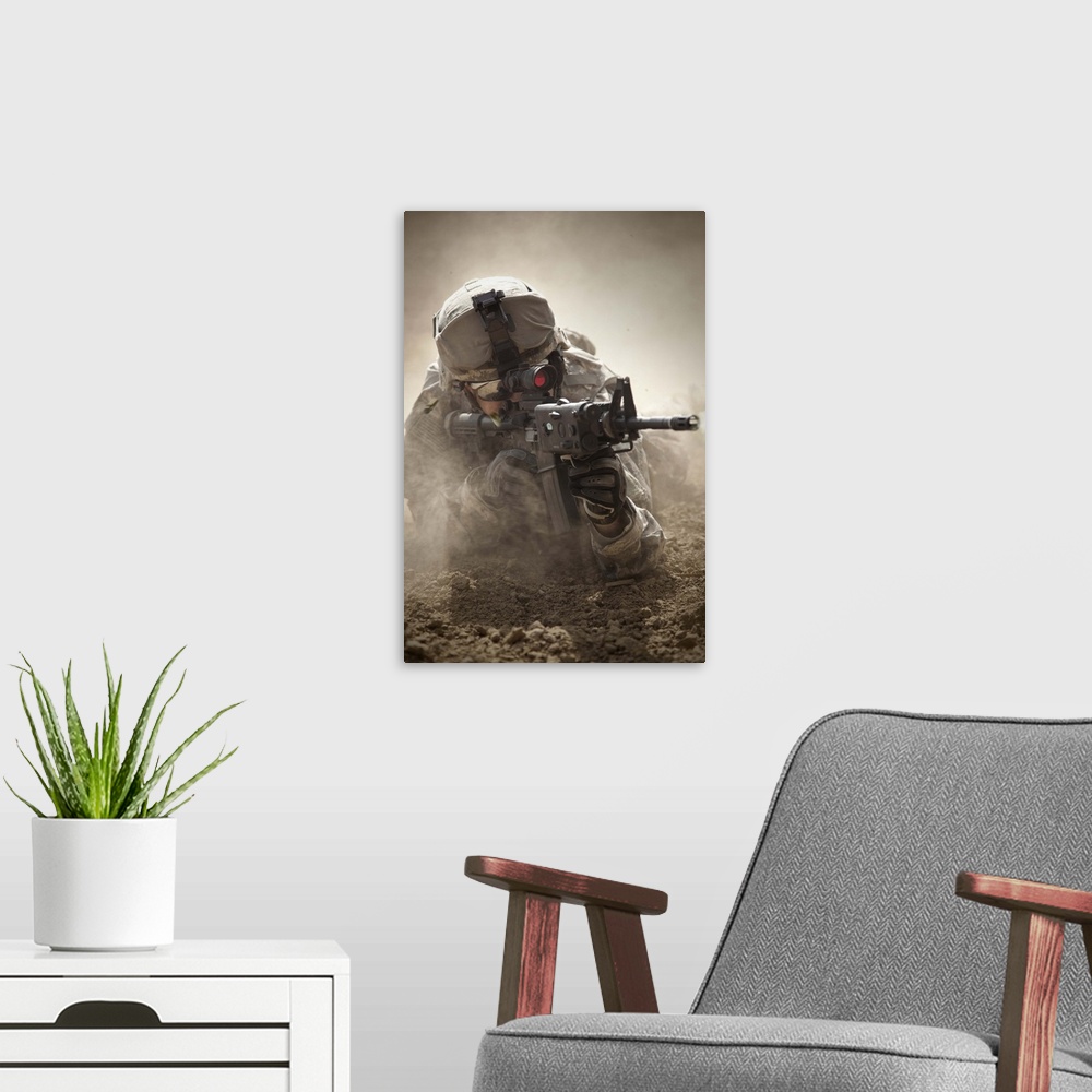 A modern room featuring U.S. Army Ranger in Afghanistan combat scene.