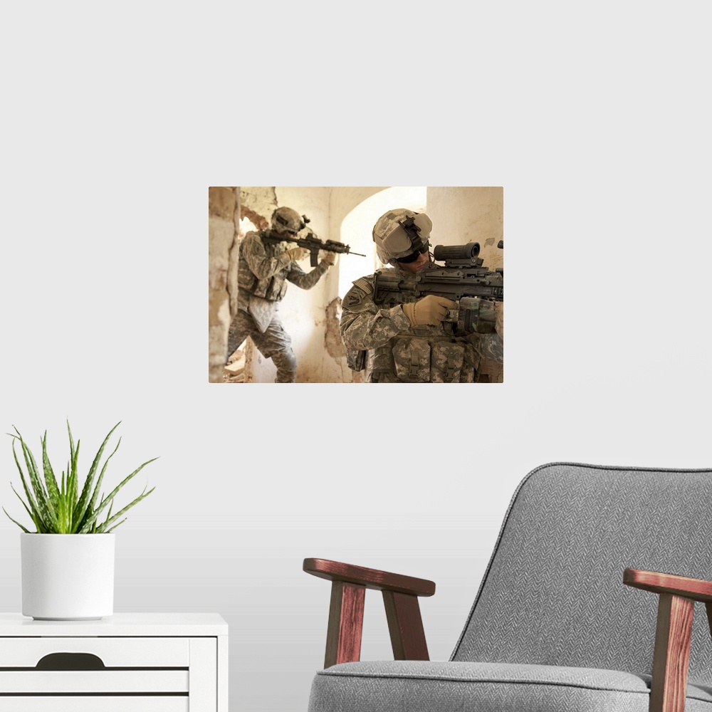 A modern room featuring U.S. Army Rangers in Afghanistan combat scene.