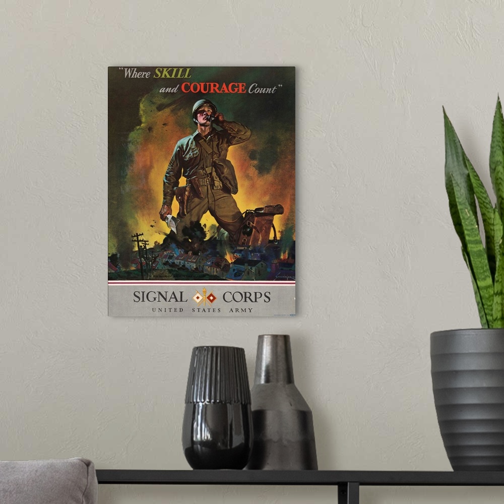 A modern room featuring U.S. Army Signal Corps recruitment poster.