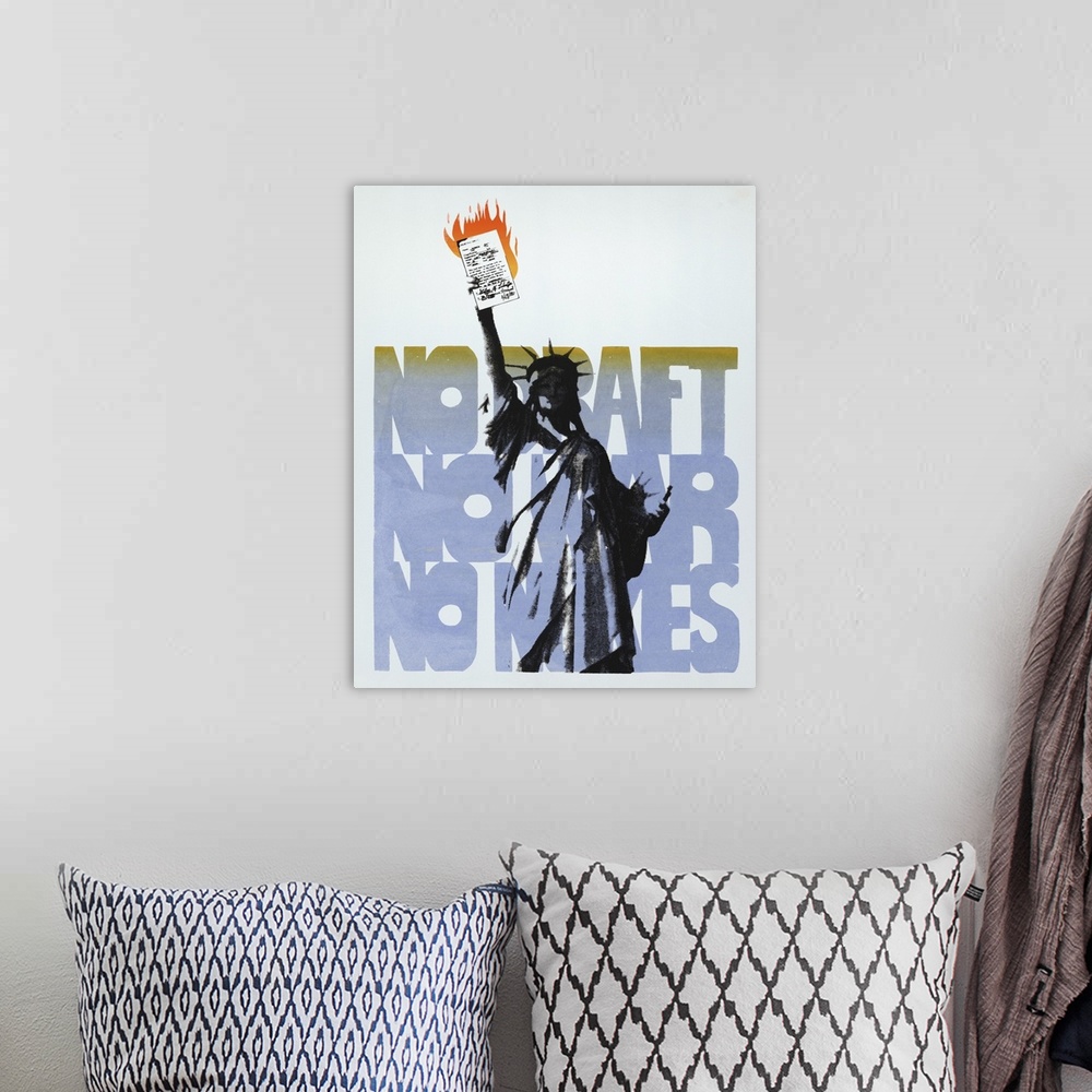 A bohemian room featuring Contemporary 20th century U.S. history print showing the Statue of Liberty holding up a burning d...