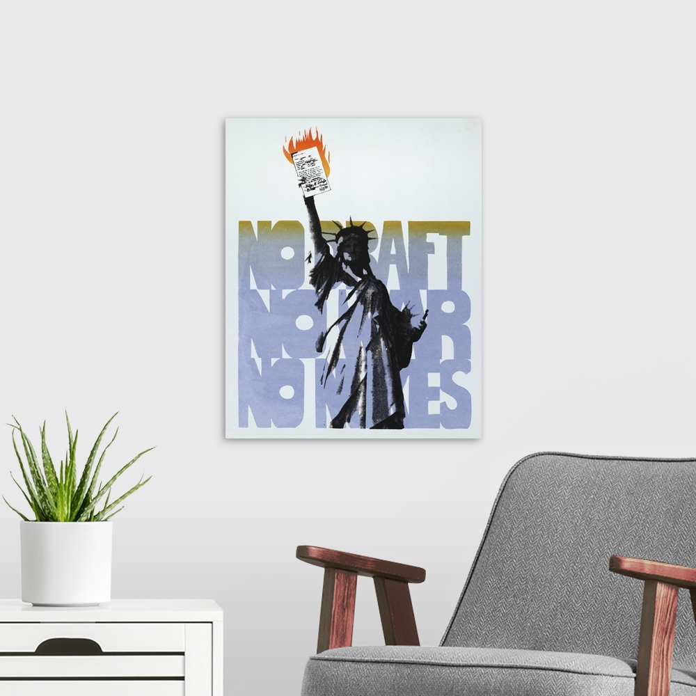 A modern room featuring Contemporary 20th century U.S. history print showing the Statue of Liberty holding up a burning d...