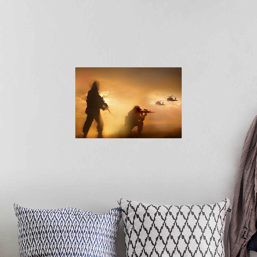 A bohemian room featuring Large photograph depicts the silhouette of two United States military individuals securing a land...