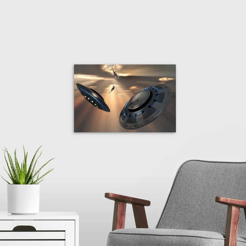 A modern room featuring A 3D conceptual image illustrating UFO's and fighter planes in the skies over Roswell, New Mexico...