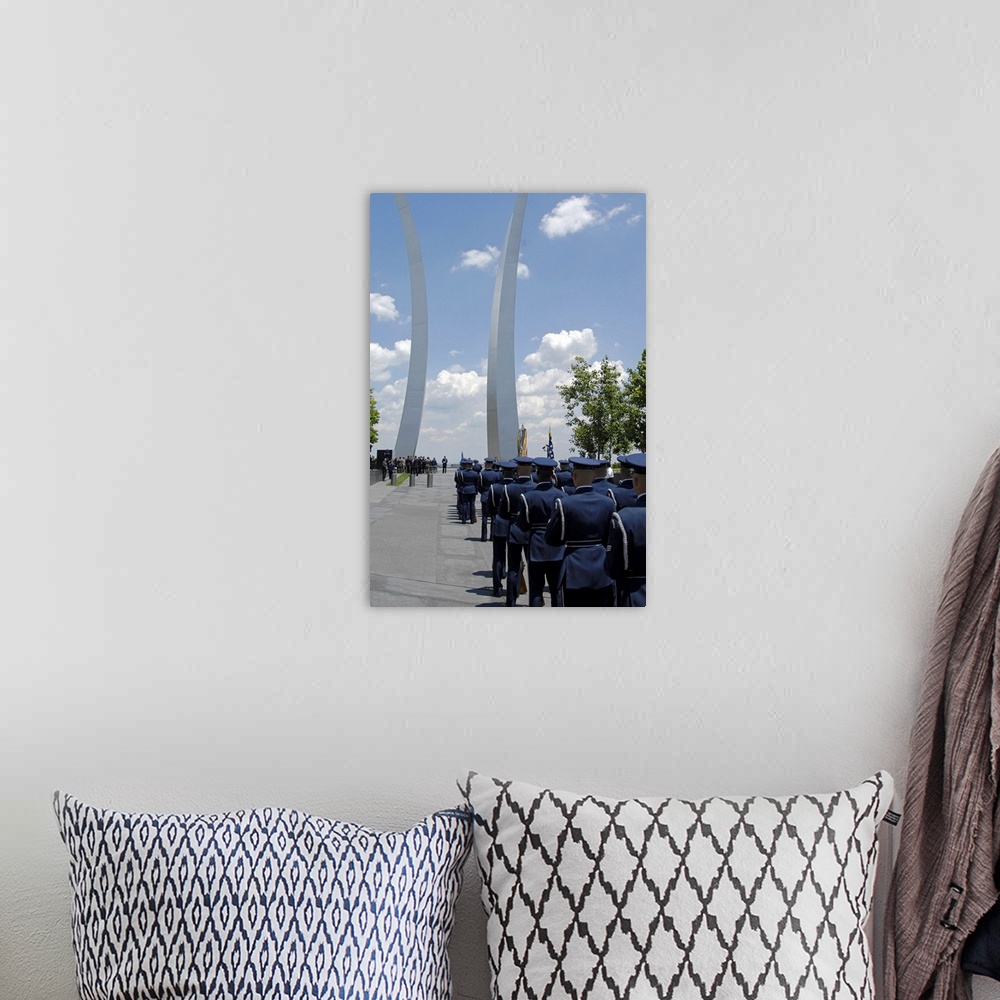 A bohemian room featuring United States Honor Guards stand in formation at the Air Force Memorial