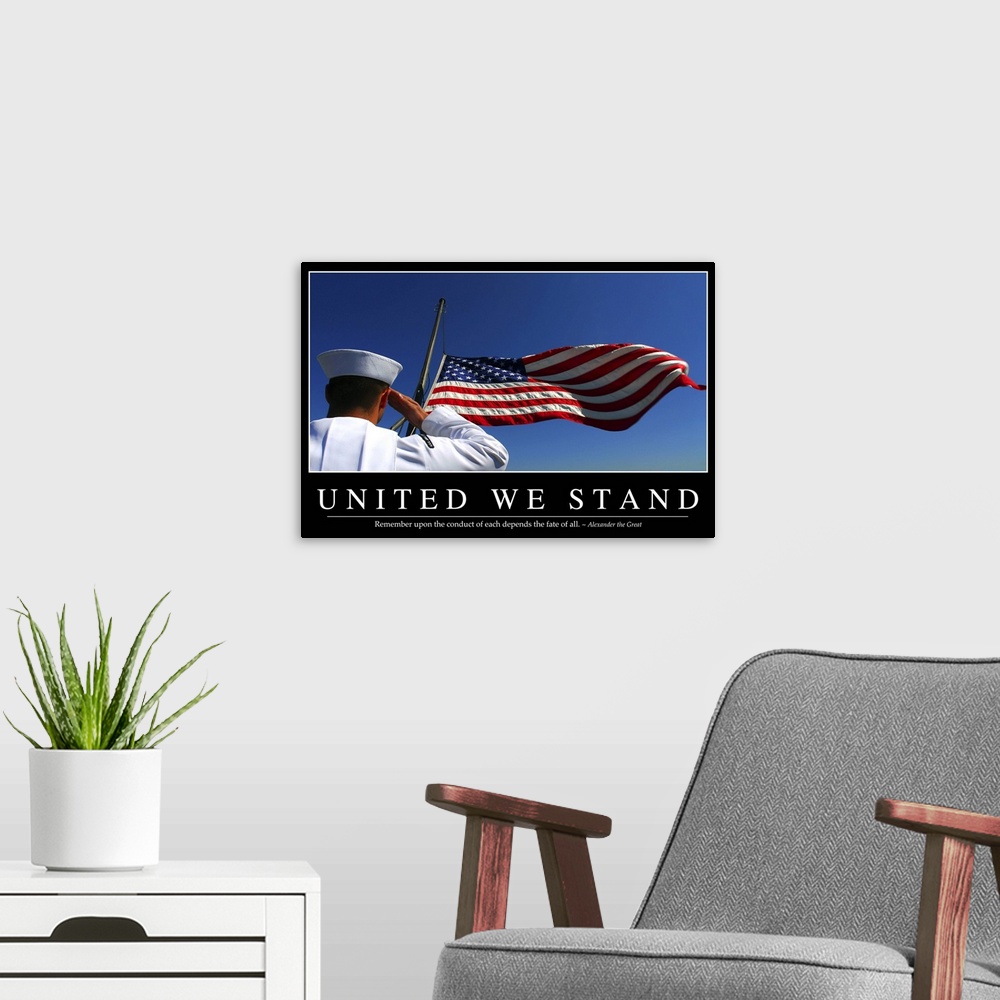 A modern room featuring United We Stand: Inspirational Quote and Motivational Poster
