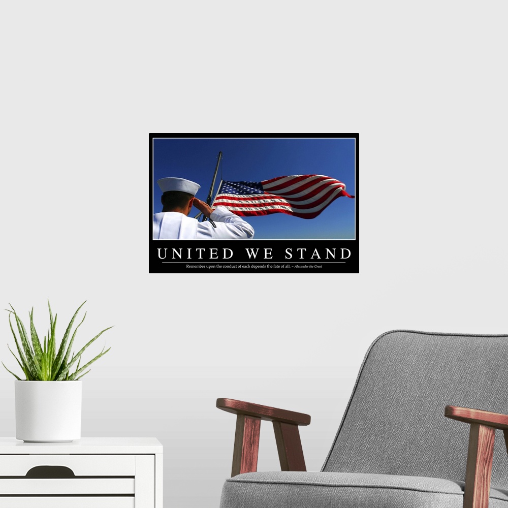 A modern room featuring United We Stand: Inspirational Quote and Motivational Poster