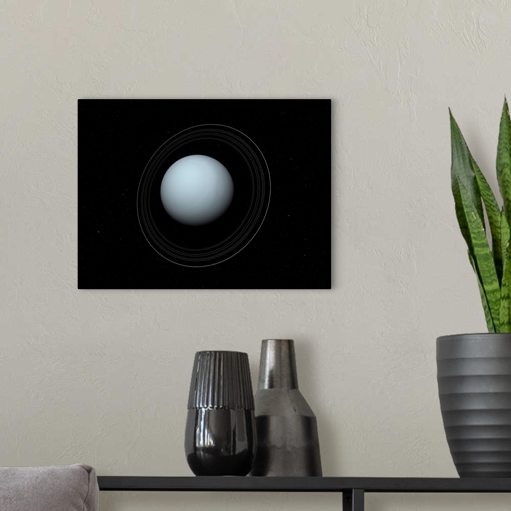 A modern room featuring Artist's concept of Uranus and its rings.
